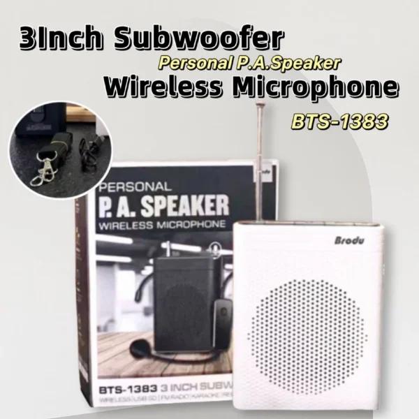 Brodu BTS1383  7 cm Subwoofer P A Speaker Support USB TF card FM Radio Rechargeable Lithium battery Wireless Microphone